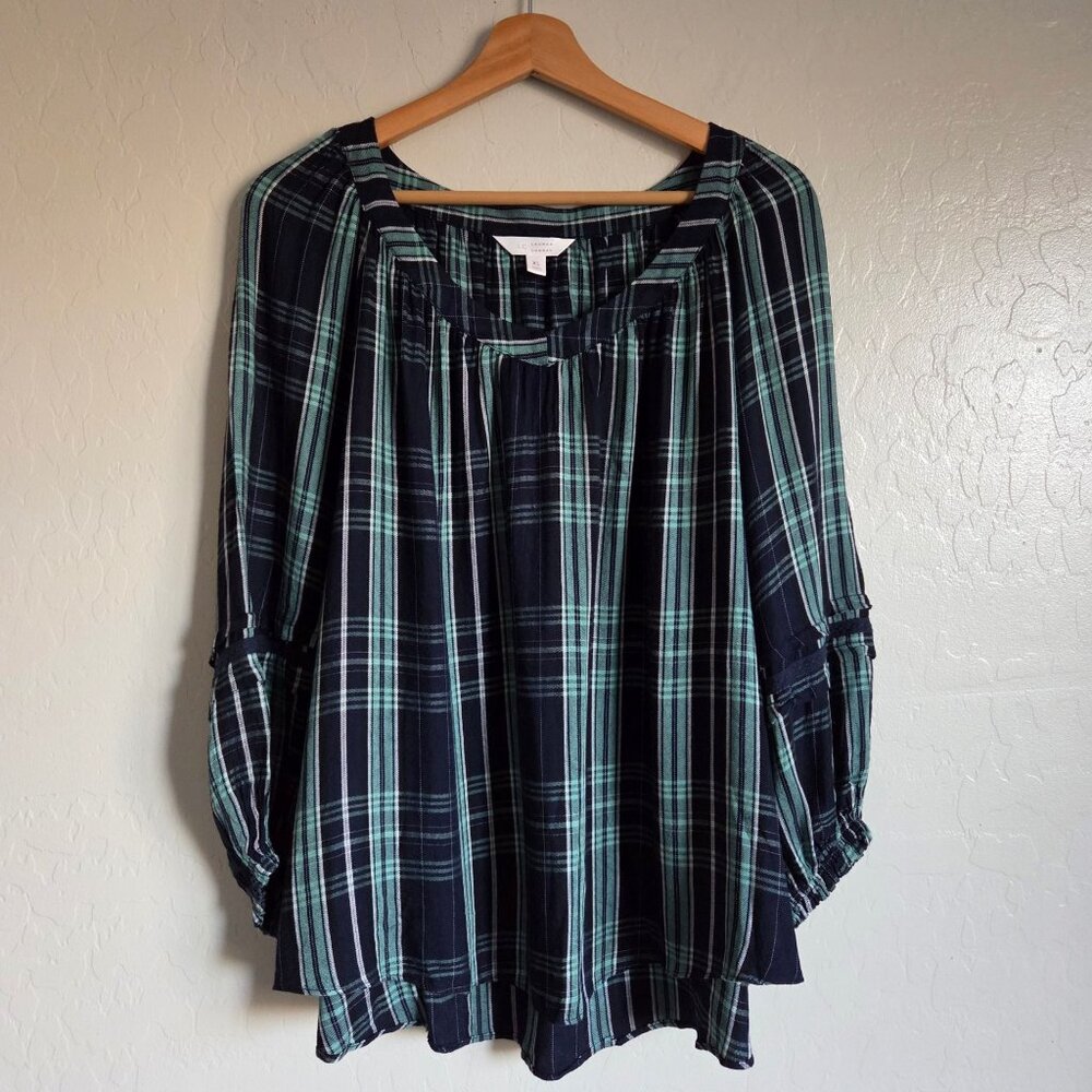 Lauren Conrad Plaid Balloon Sleeve Blouse Navy/Mint Women's XL Preppy Academia